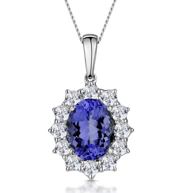 Tanzanite and Diamond Cluster Necklace Pendant 9x7mm in 18K White Gold